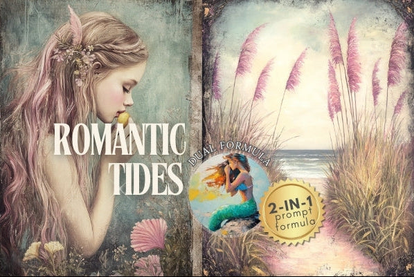 Product packaging for 'Romantic Tides' with a mermaid and nature-themed design.