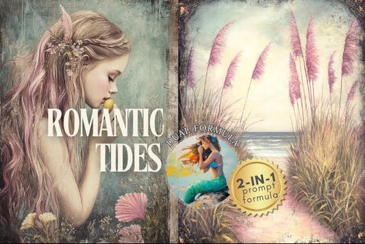 Product packaging for 'Romantic Tides' with a mermaid and nature-themed design.