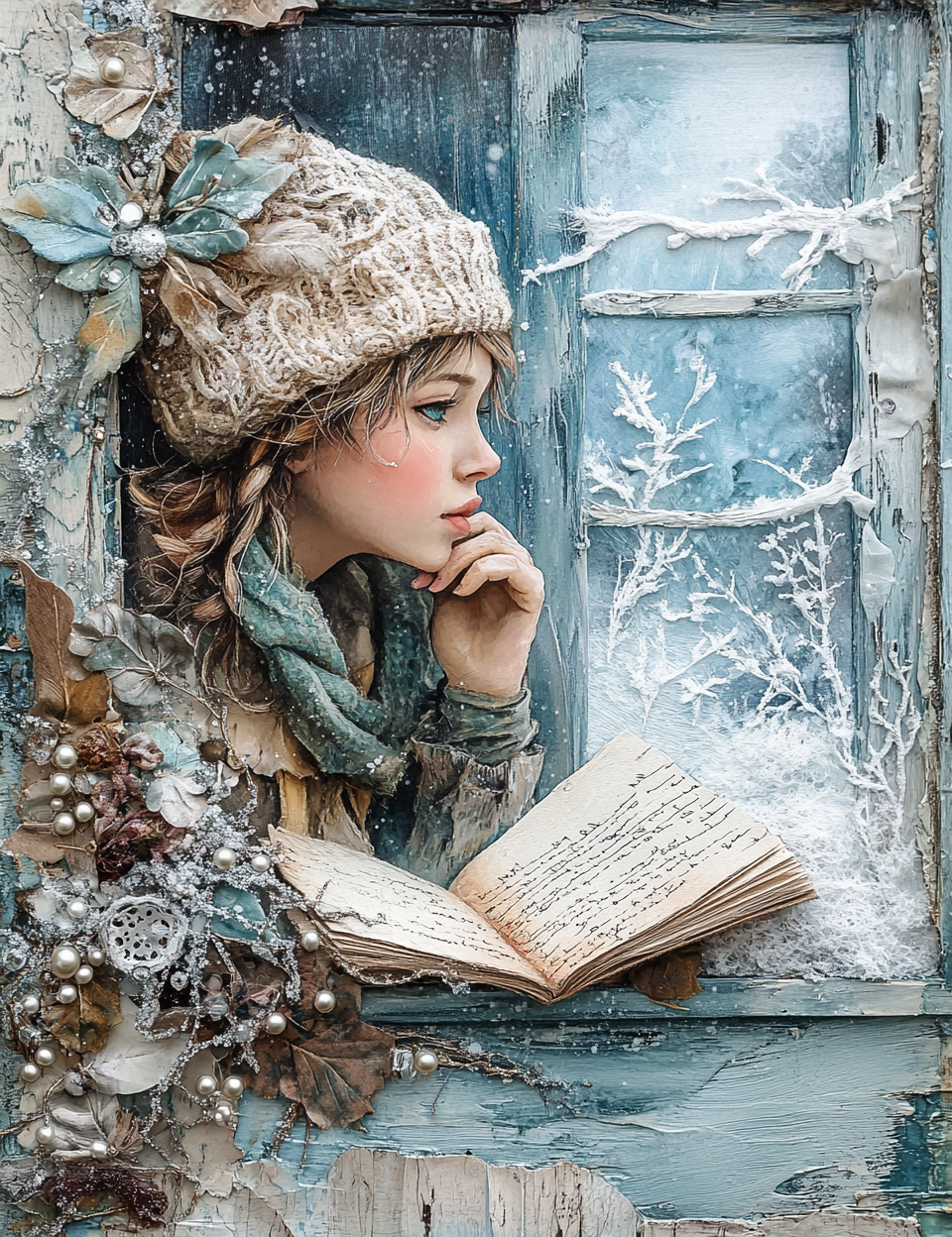 Woman in a winter setting with an open book, surrounded by decorative elements.