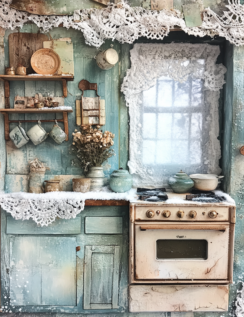 Vintage kitchen with rustic decor, lace curtains, and antique stove.