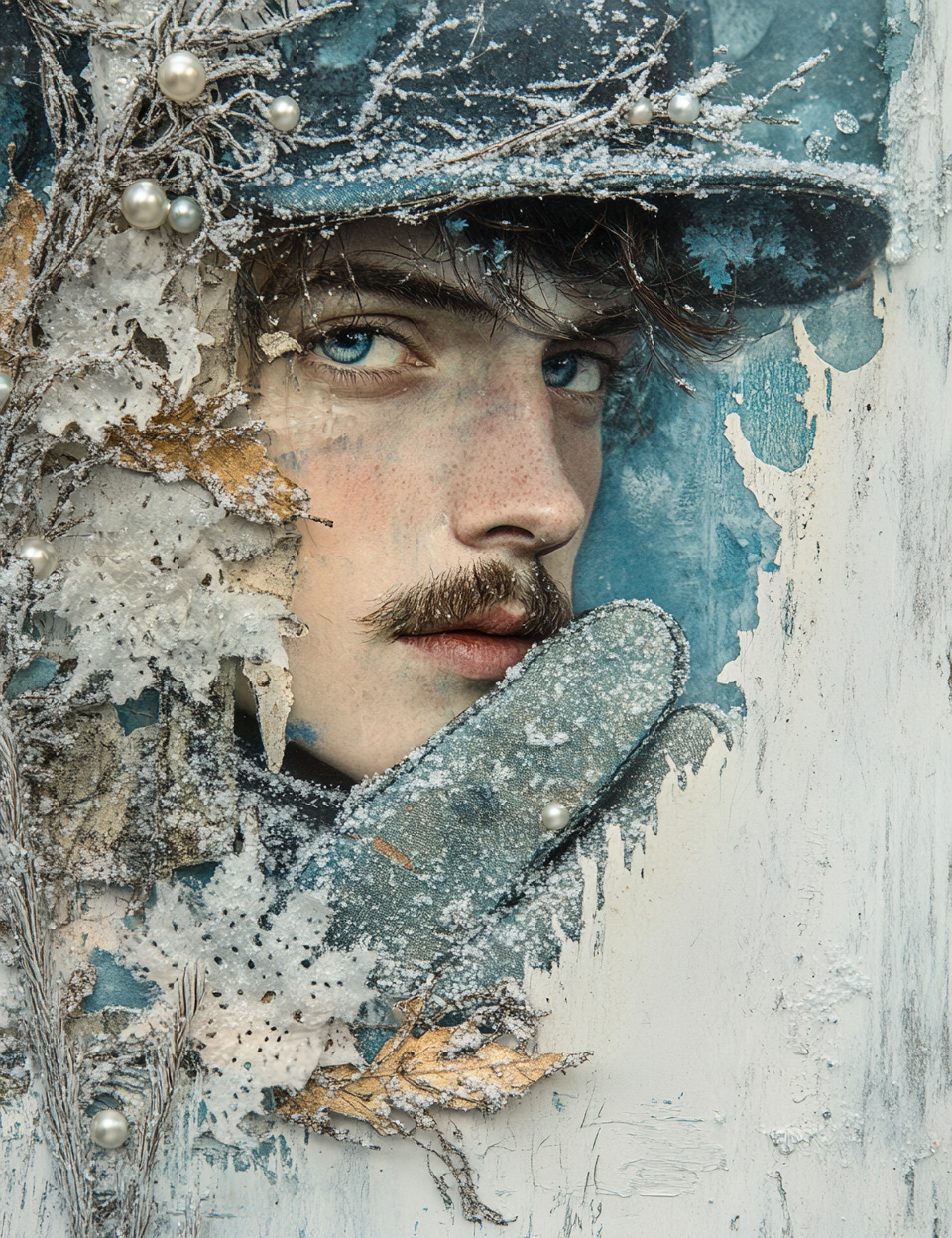 Artistic portrait of a person with decorative elements and a textured background