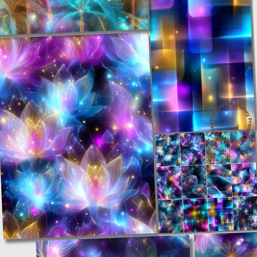 Colorful abstract design with floral elements and a grid of smaller images.