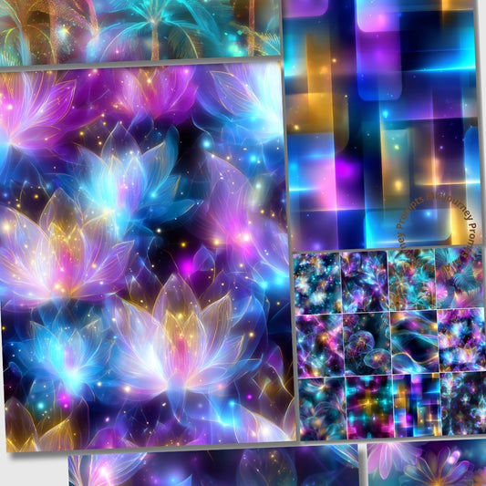 Colorful abstract design with floral elements and a grid of smaller images.