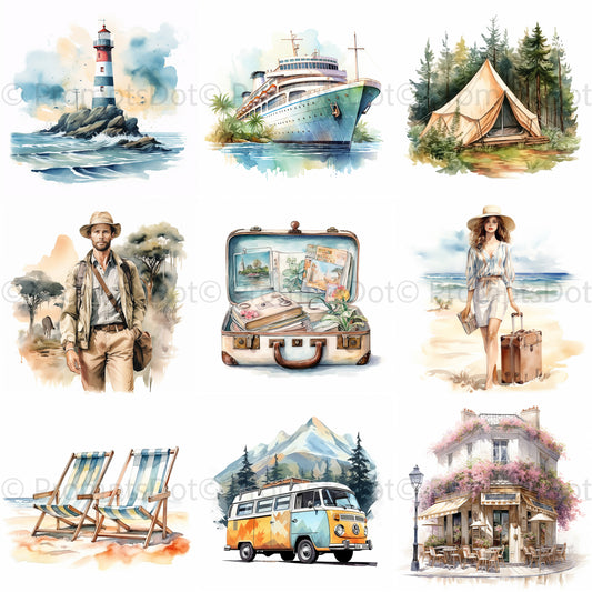Traveling Watercolor Clipart Adventures Midjourney Prompt Commercial Use