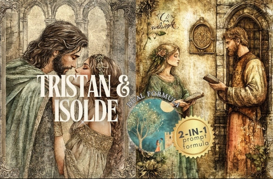 Collage of illustrations featuring characters from 'Tristan & Isolde' with a product label overlay.