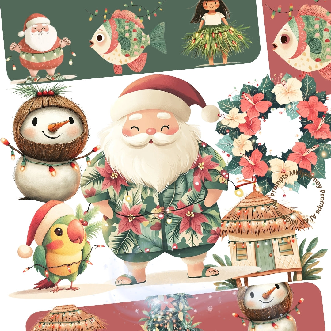 Midjourney Prompts for Tropical Hawaiian Christmas Illustrations