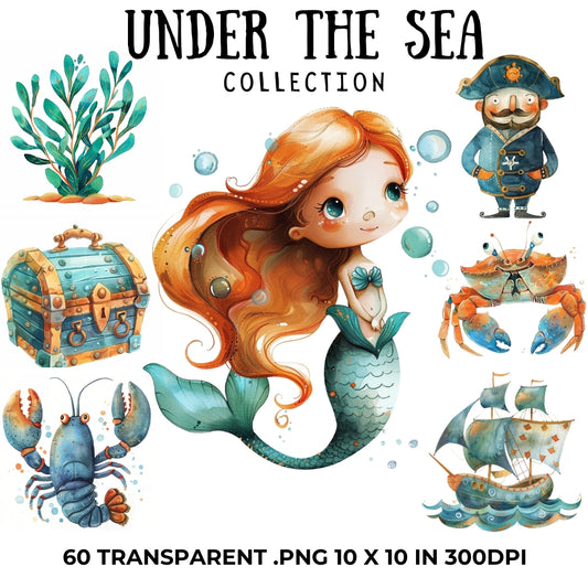 Under the Sea Clipart PNG Digital Download, Sea life Watercolor