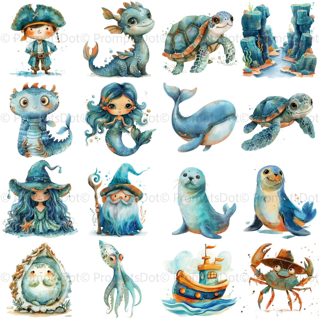 grid of images Under the Sea Clipart PNG Digital Download, Sea life Watercolor