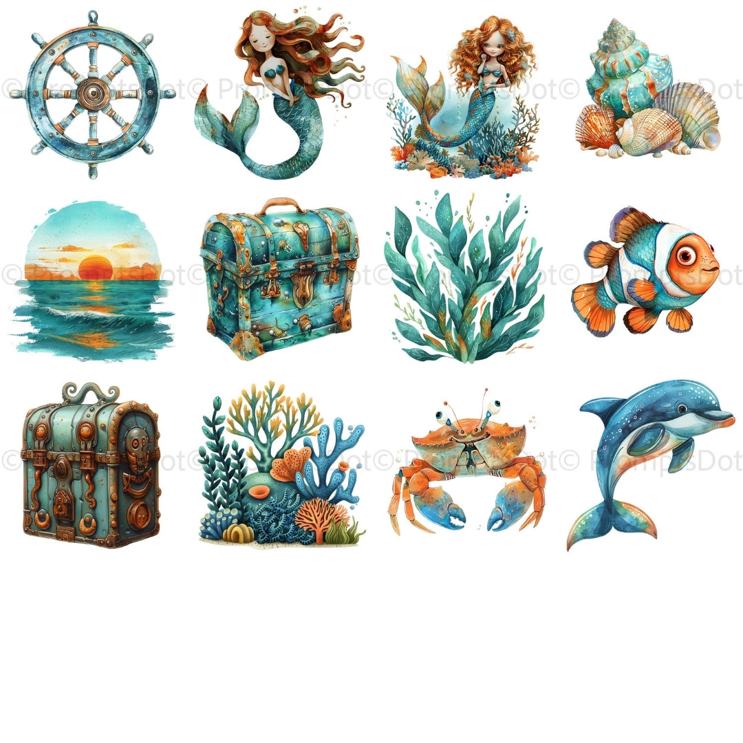 grid Under the Sea Clipart PNG Digital Download, Sea life Watercolor