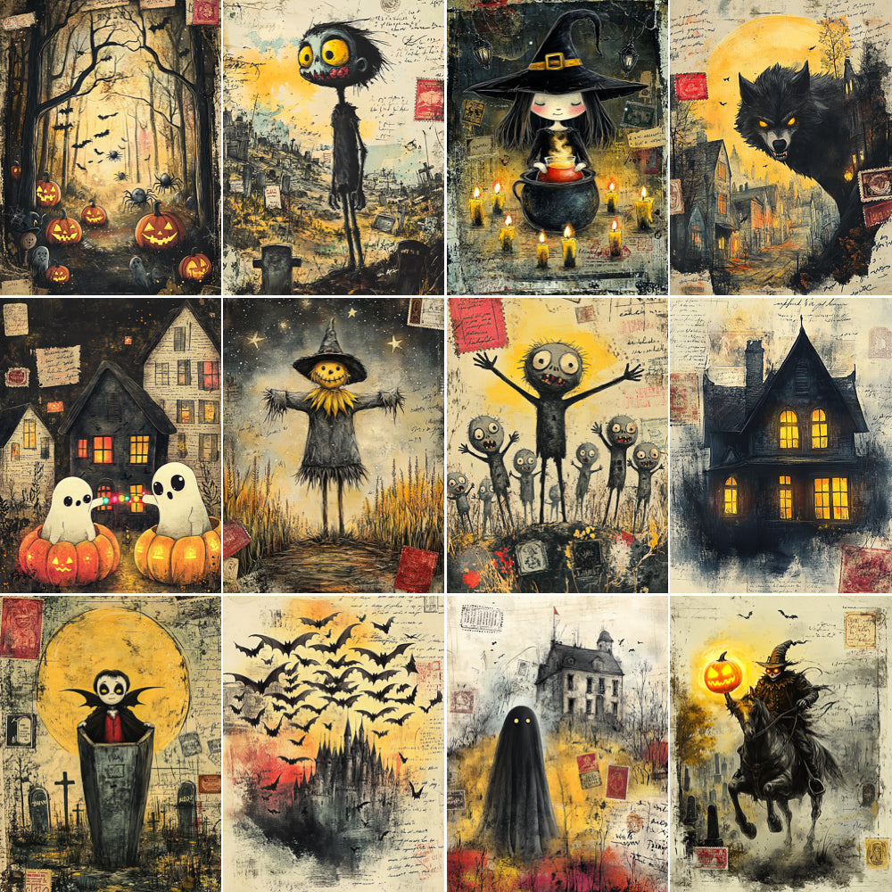 Collage of Halloween-themed illustrations featuring ghosts, pumpkins, witches, and other spooky elements.