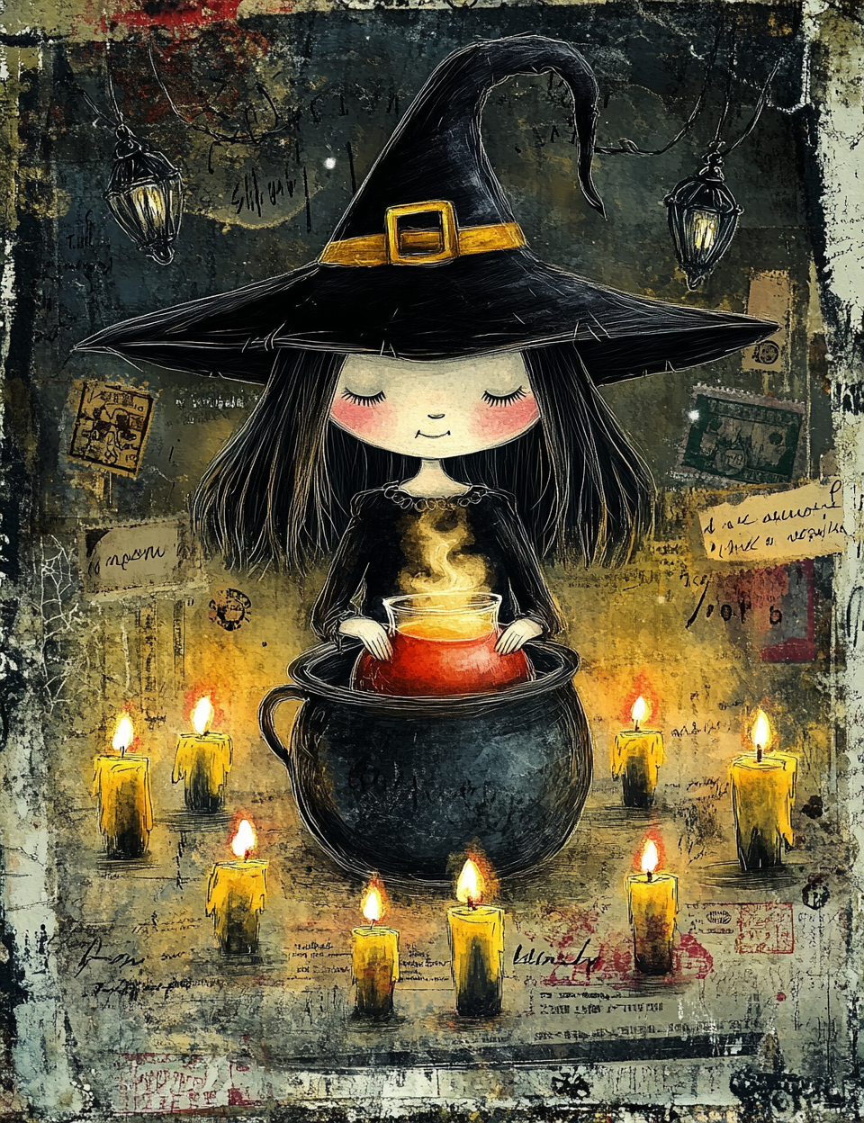 Illustration of a witch with a cauldron and candles on a dark, textured background