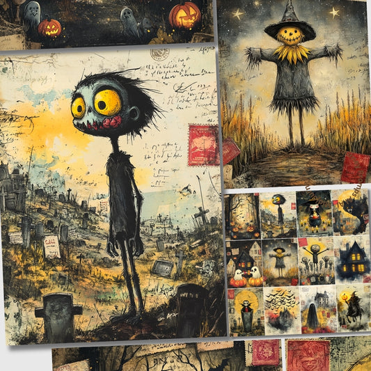 Collage of Halloween-themed illustrations featuring a monster, scarecrow, and pumpkins.