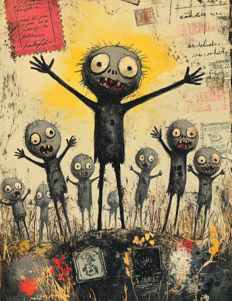 Illustration of a group of small, zombie-like creatures with a larger one in the center, set against a textured background.