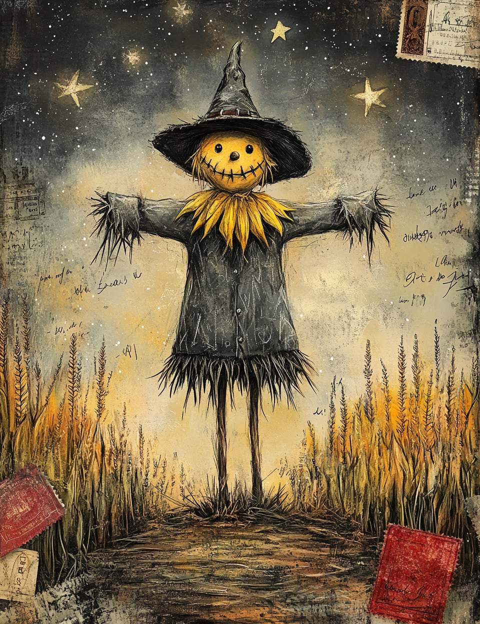 Scarecrow with a witch hat in a field at night with stars