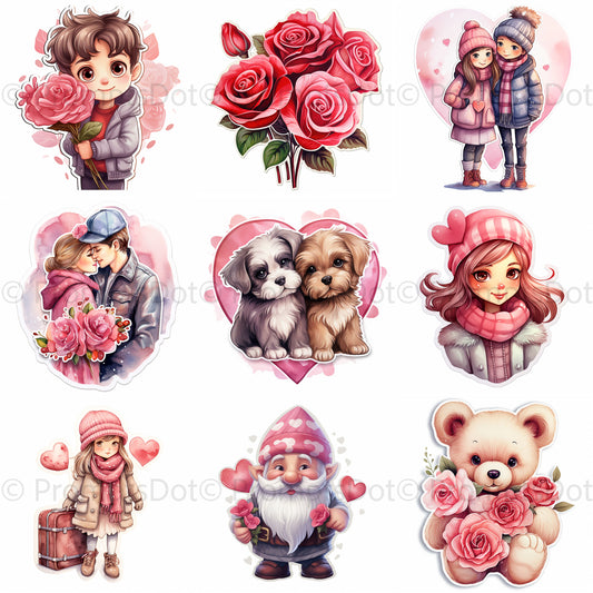 Valentines Day Stickers Love Watercolors Midjourney Prompt Commercial Use