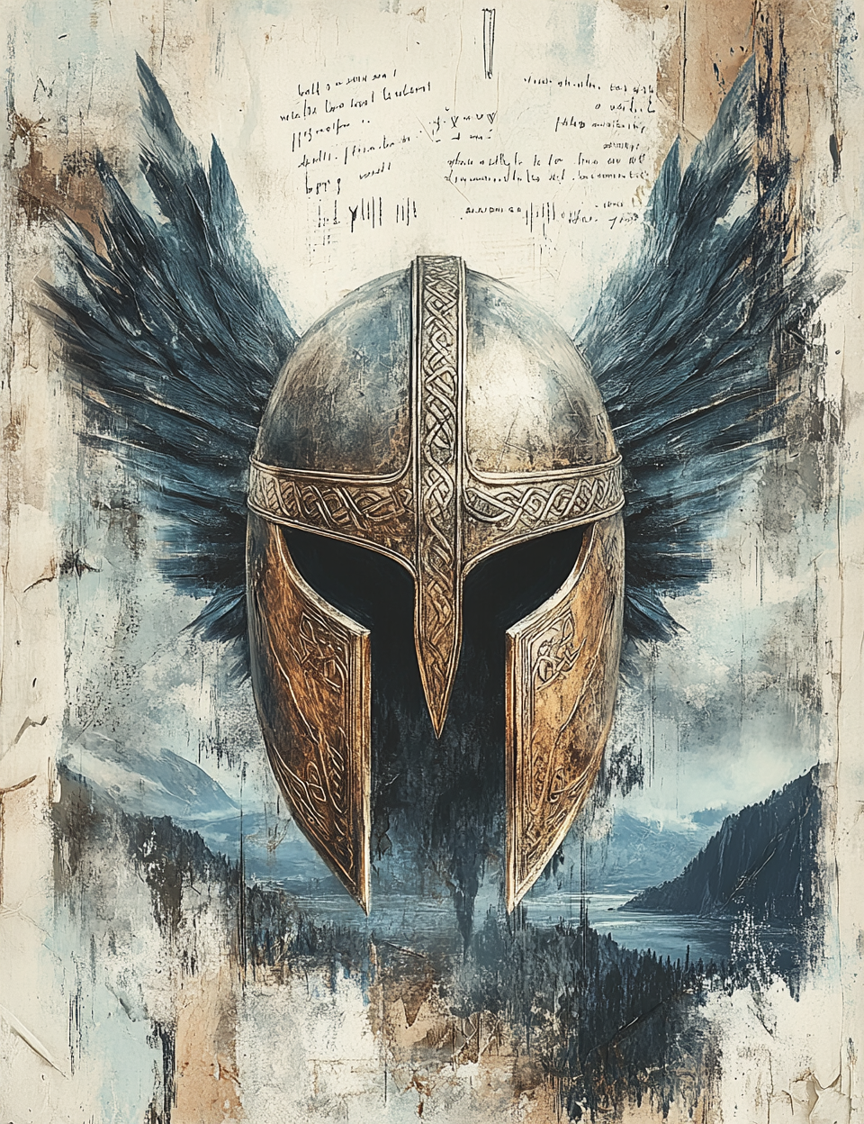 Decorative helmet with intricate designs on a textured background