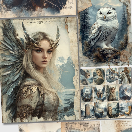 Collage of a fantasy-themed artwork with a winged creature, owl, and various characters.