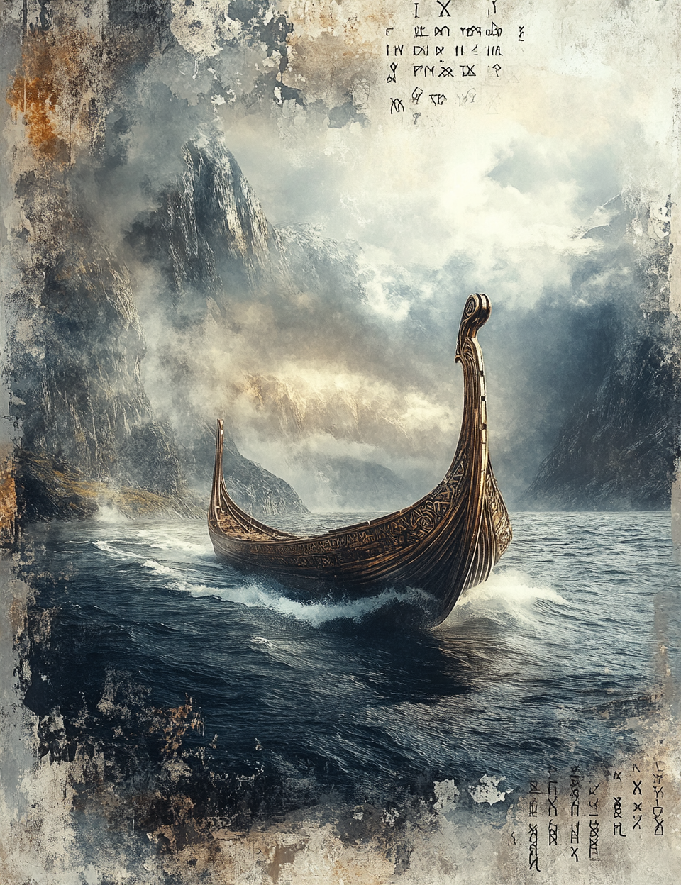 Viking ship on a stormy sea with mountains in the background