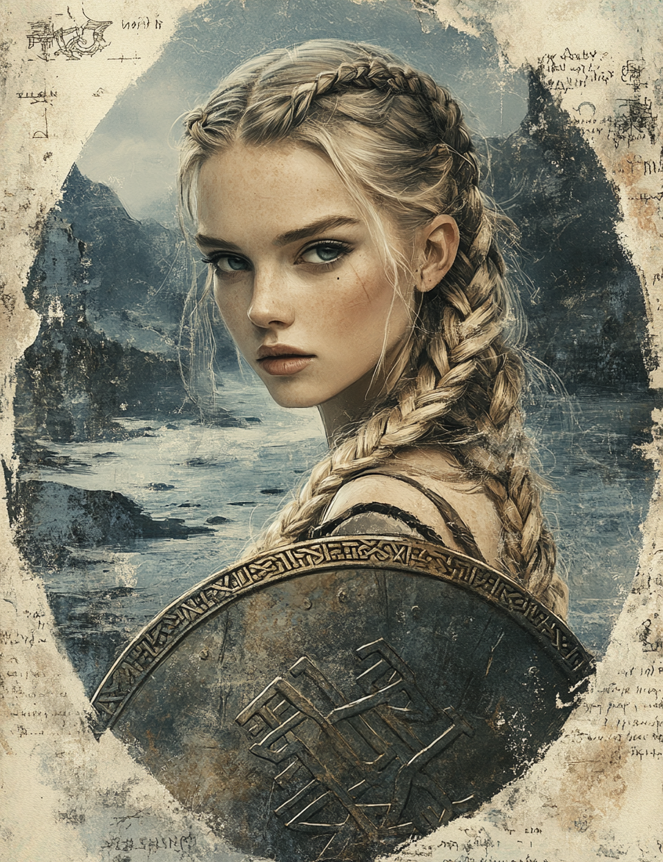 Artistic depiction of a warrior woman with braided hair and a shield featuring runes, set against a mountainous landscape.