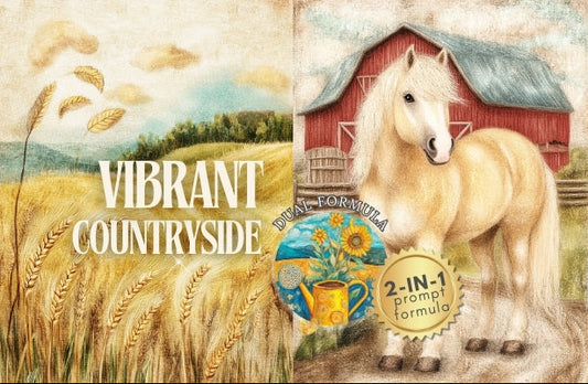 Collage of images with a barn, horse, and person, featuring the text 'Vibrant Countryside' and '2-IN-1 prompt formula'.