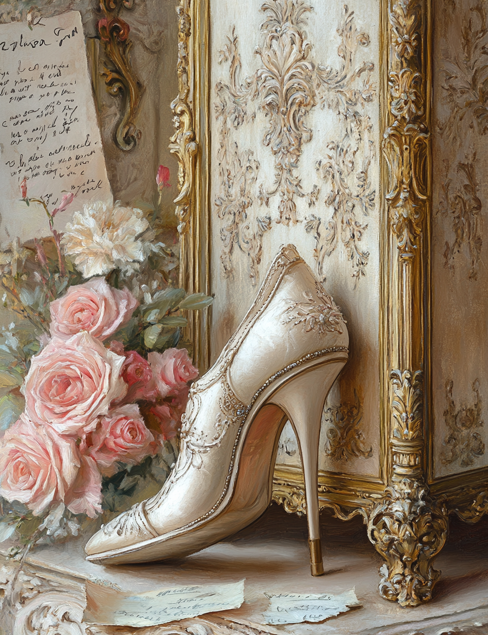 Decorative shoe with intricate details in front of a ornate mirror and flowers