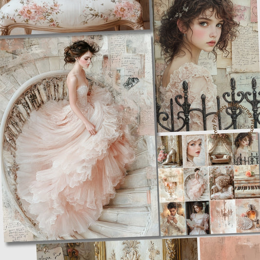 Collage of a woman in a pink dress with vintage elements and a floral chair.