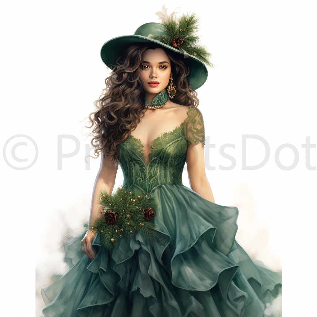 Victorian Vintage Clipart Lady People Midjourney Prompt Commercial Use a lady wearing a beautiful green christmas dress and a hat