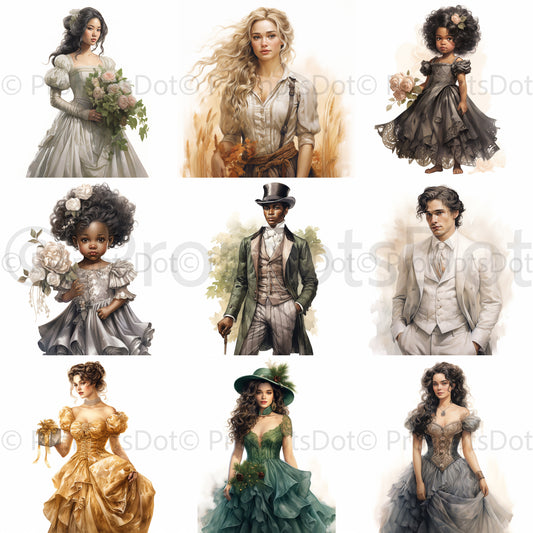 Victorian Vintage Clipart Lady People Midjourney Prompt Commercial Use Collection of ladies and gentlemen in victorian clothing