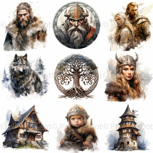 Viking Art Watercolor Historic Clipart Digital Art and Midjourney Prompt Commercial Use