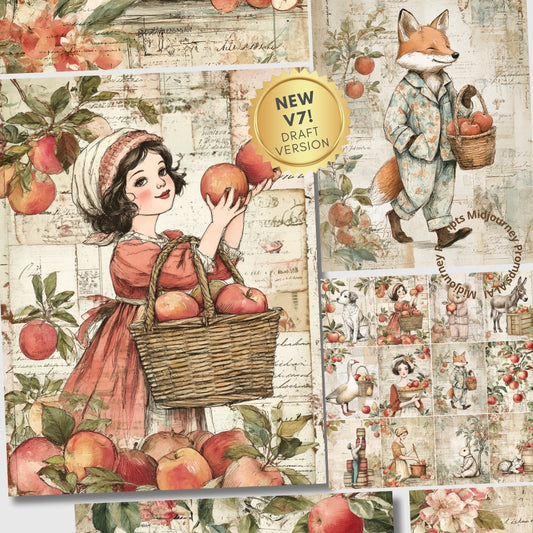 Vintage-style collage with a girl and fox holding baskets of apples, surrounded by apple trees and text.