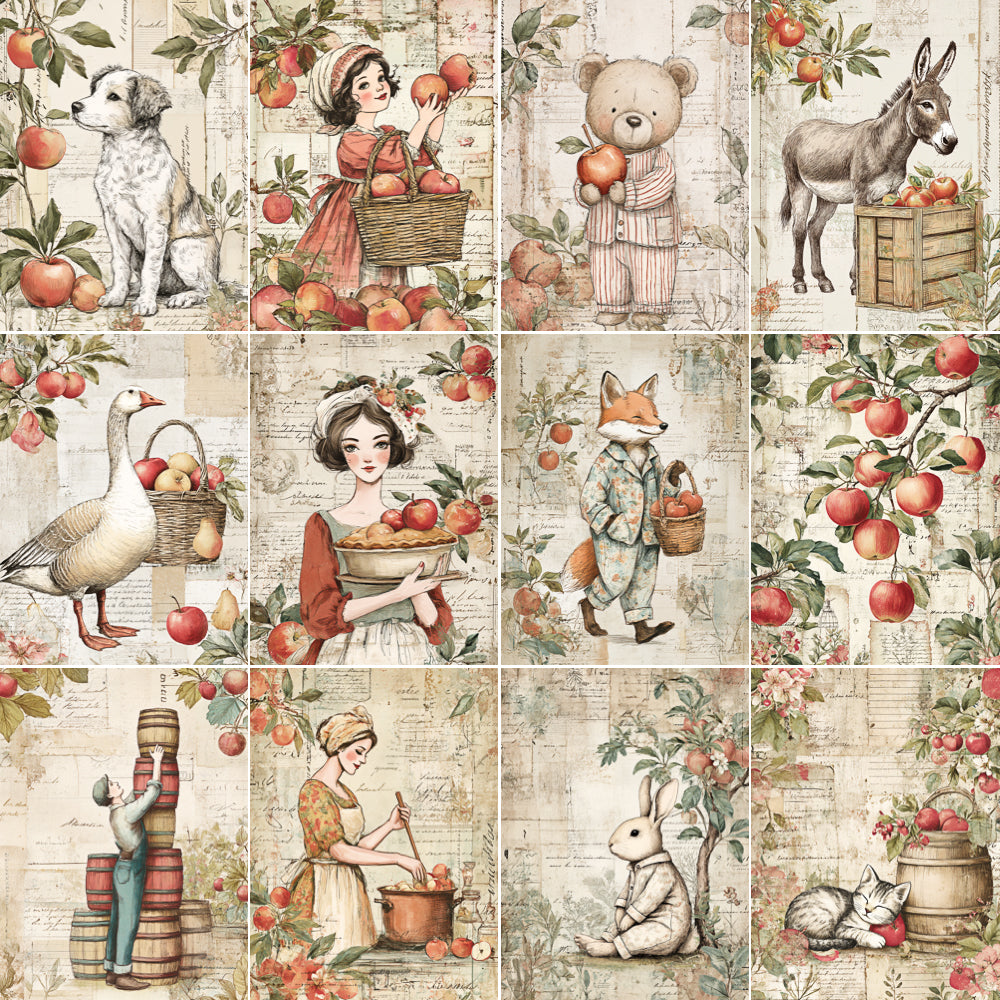 Collage of illustrations featuring animals and people with apples in a vintage style.