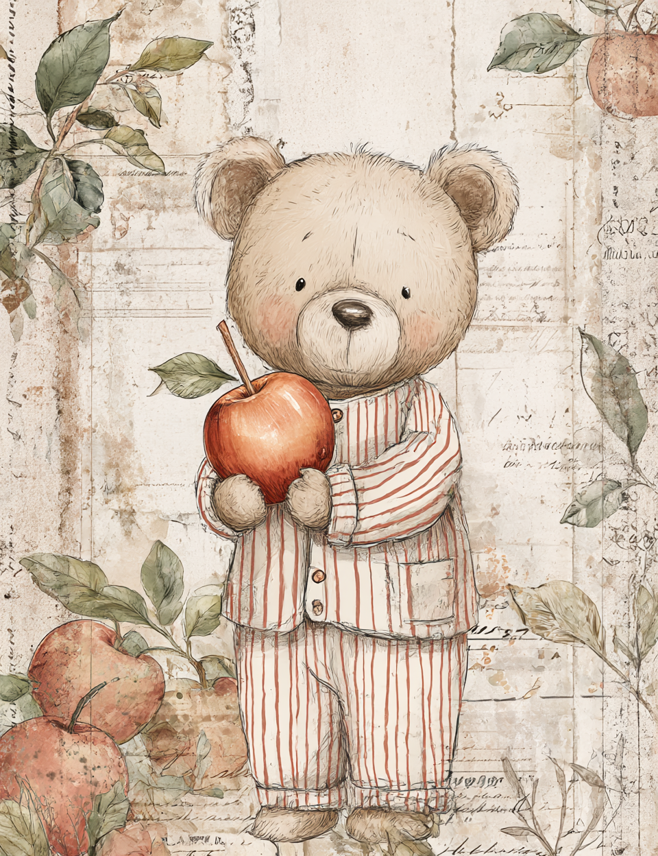 Teddy bear in pajamas holding an apple with a rustic background
