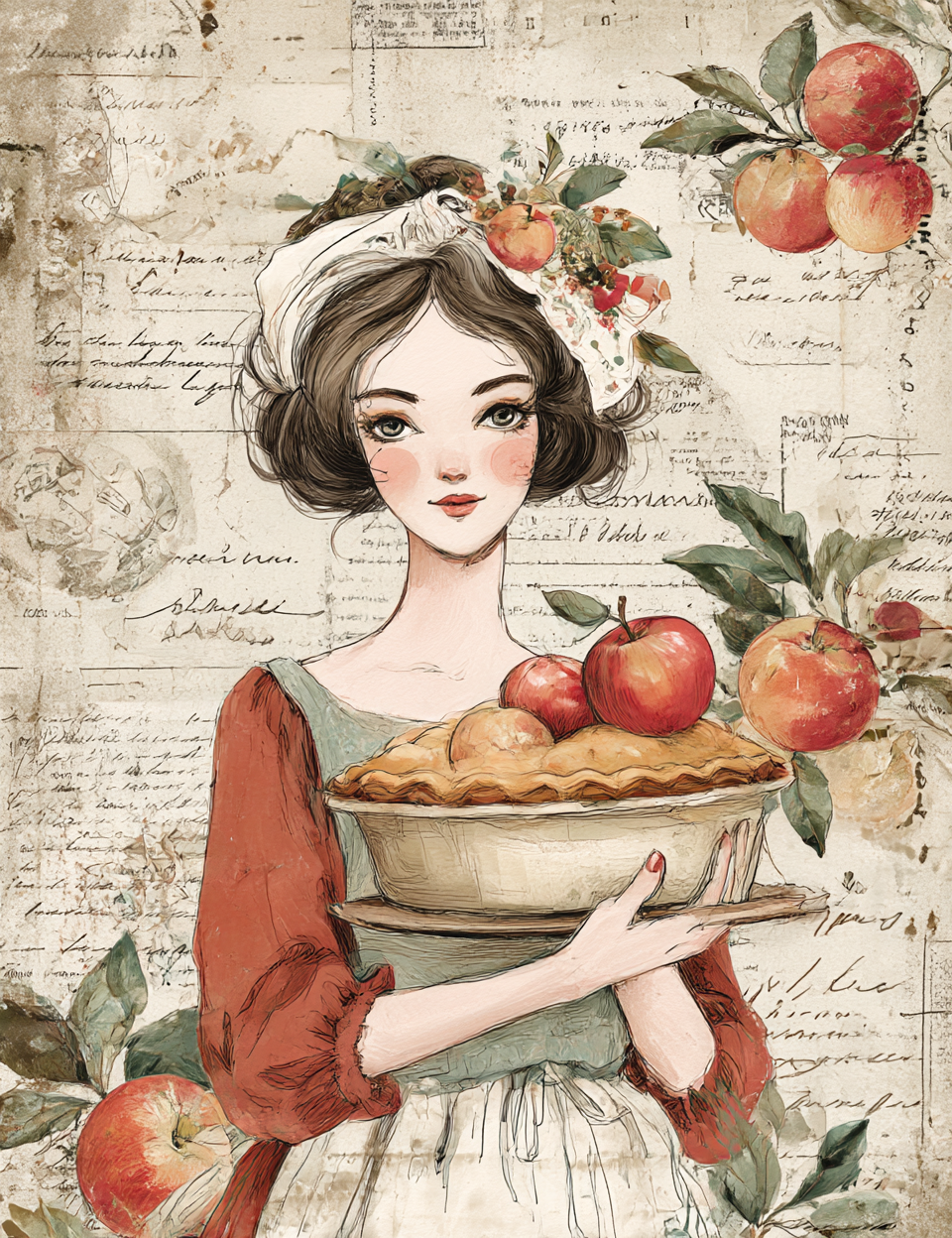 Illustration of a woman holding an apple pie with apples around her on a textured background