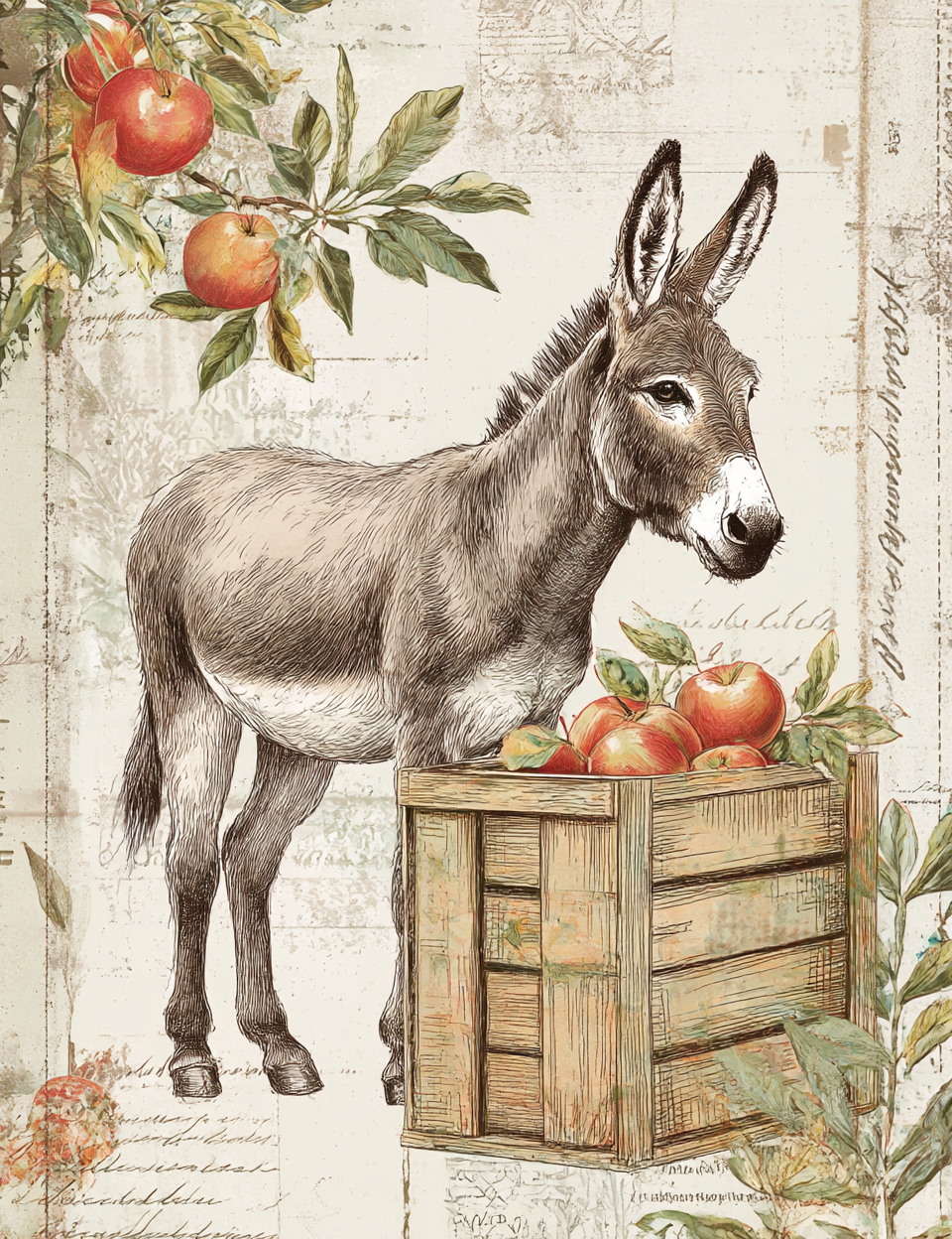 Illustration of a donkey with a crate of apples on a rustic background