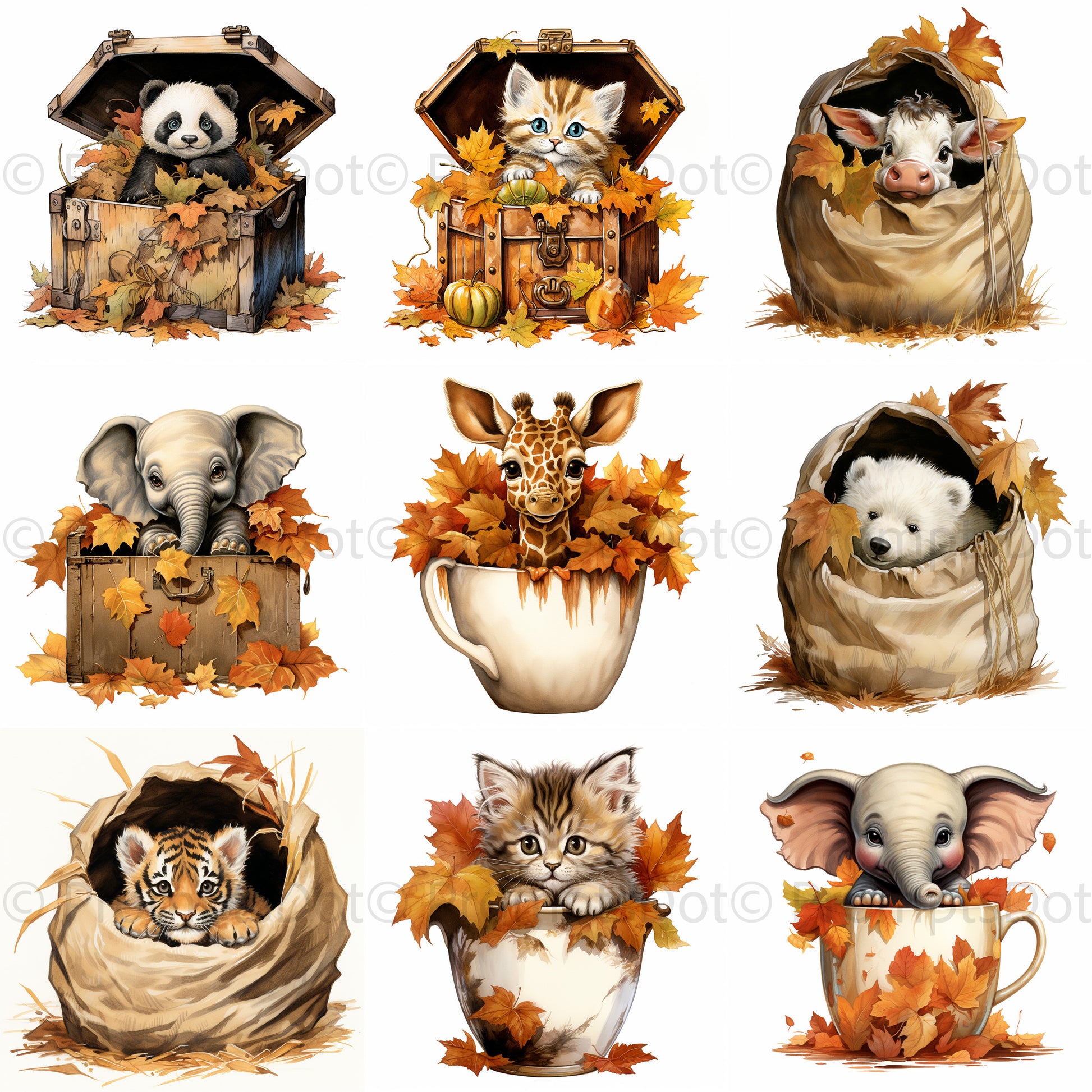 Vintage Autumn Animals Inside Cups Sacks Midjourney Prompt Commercial Use