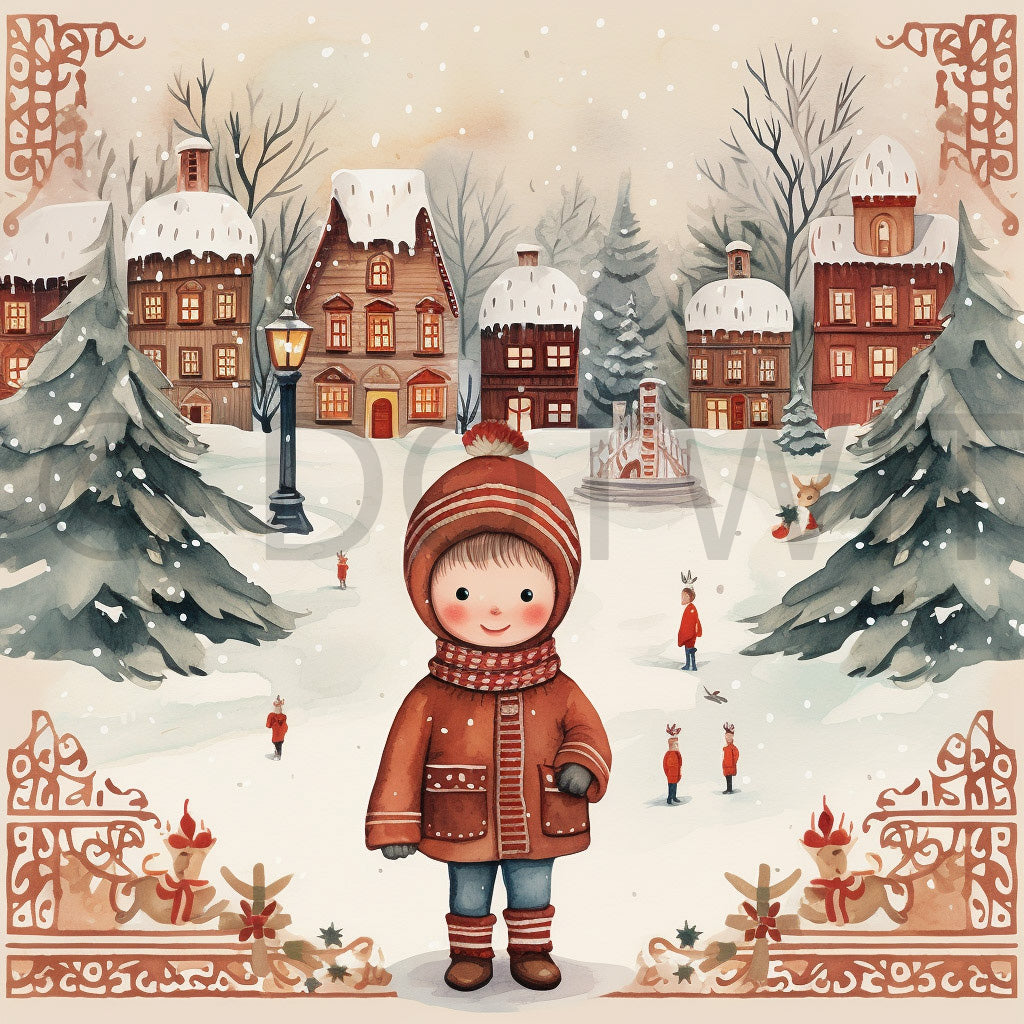 a boy in the village Vintage Christmas Cards Scrapbooking Digital Art and Midjourney Prompt Commercial Use