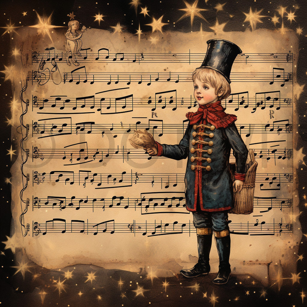 a boy on a music sheet Vintage Christmas Ephemera Junk Journals Digital Art and Midjourney Prompt Commercial Use