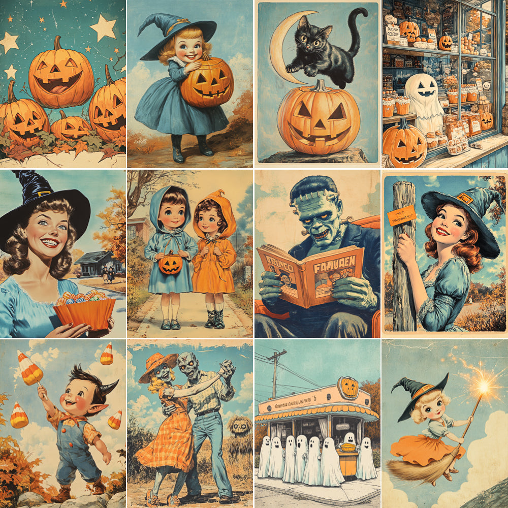 Collage of vintage-style Halloween illustrations featuring pumpkins, ghosts, witches, and other Halloween-themed characters.