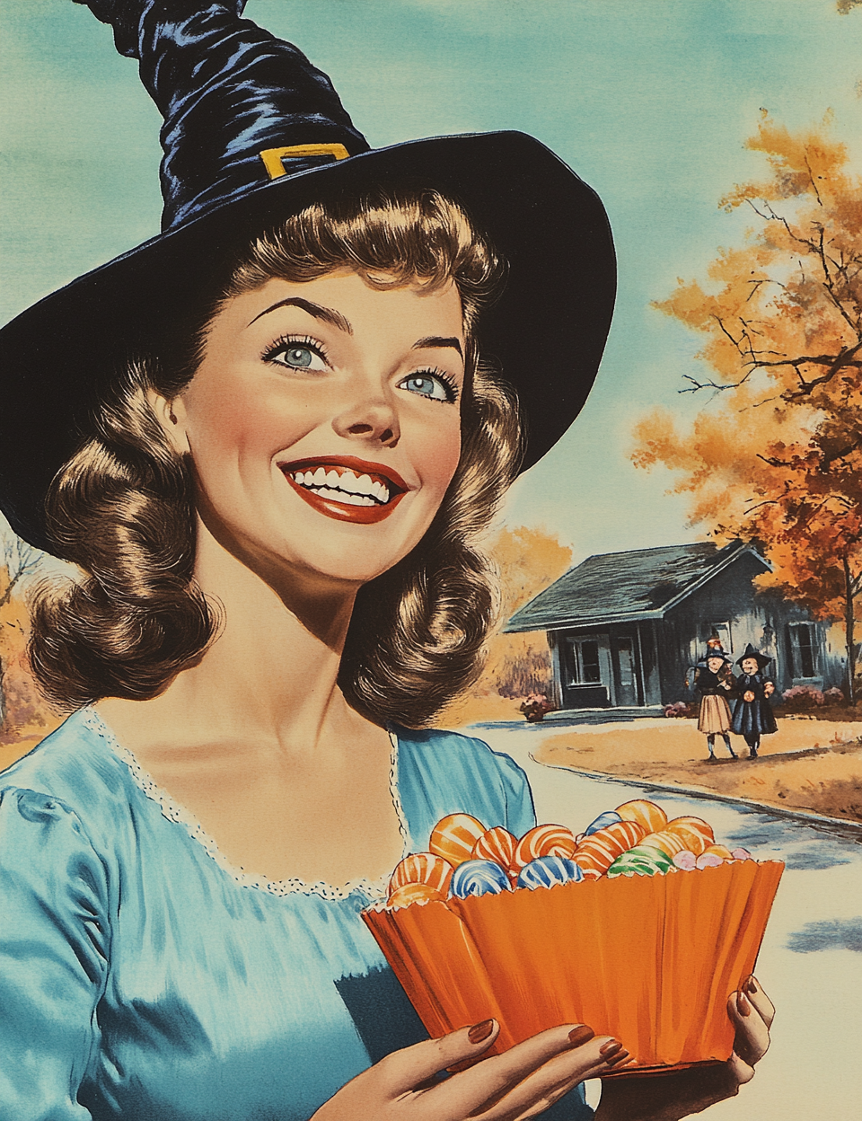 Woman in a witch hat holding a basket of Halloween candy with a house and children in the background.