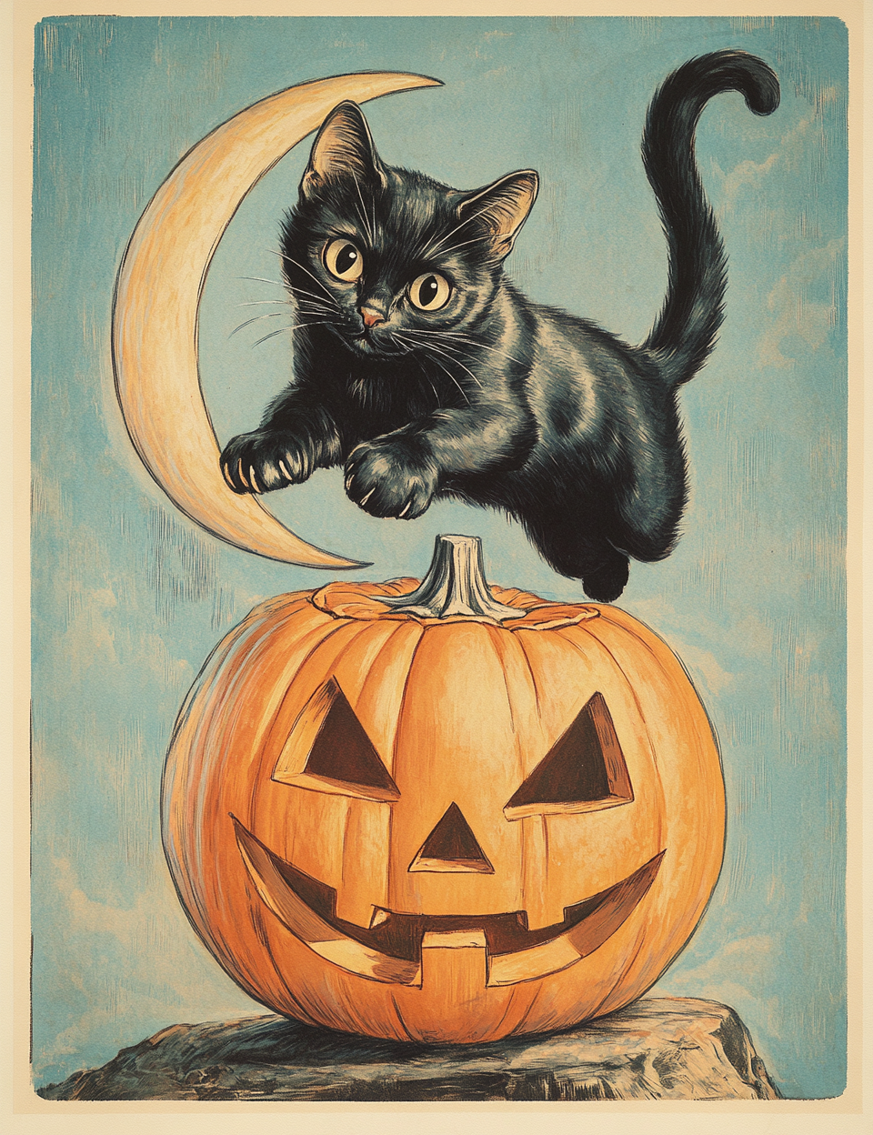 Black cat on a jack-o'-lantern with a moon in the background