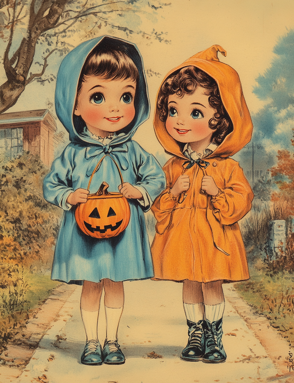 Two children in raincoats with a pumpkin lantern in an autumn setting