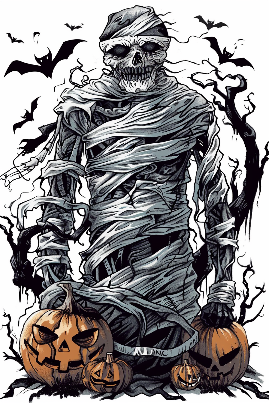 a mummy with pumpkins