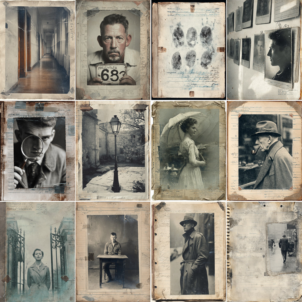 Collage of vintage photographs and documents with a man holding a magnifying glass.