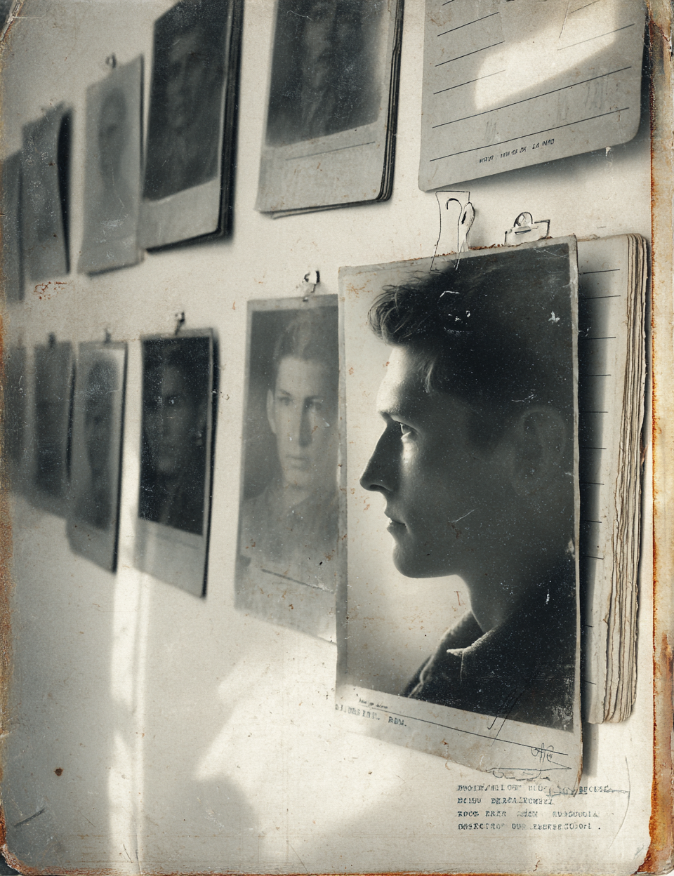 Vintage photo album with portraits of a woman and other individuals on a wall.