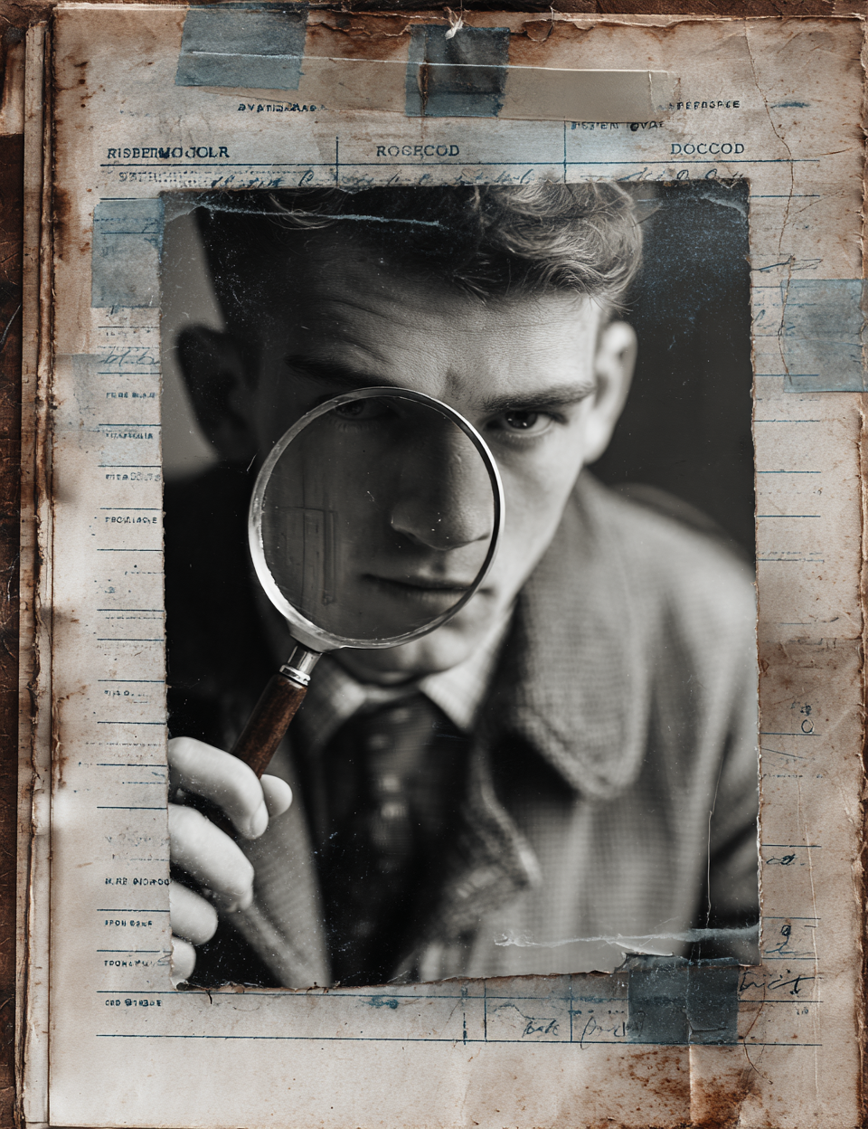 Vintage-style image of a person holding a magnifying glass with a rustic border.