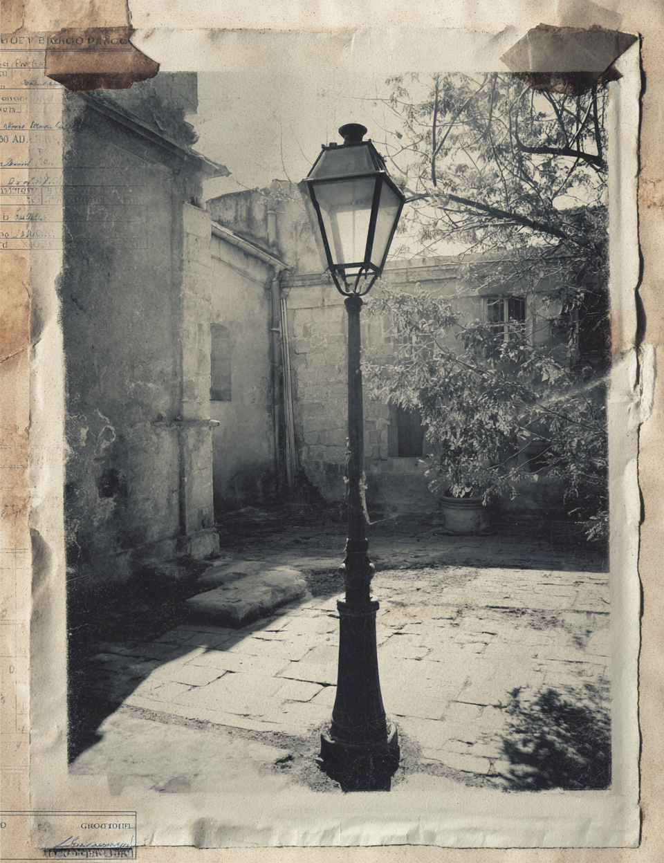 Vintage-style black and white photo of a street lamp in an alleyway.