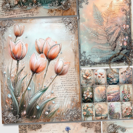 Decorative paper with floral designs, textures, and text.
