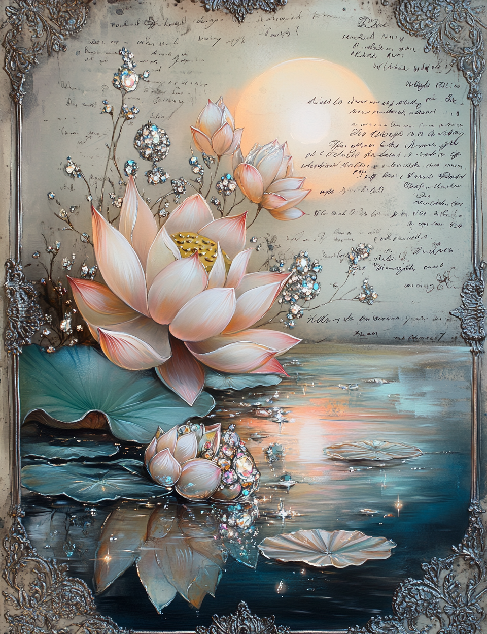 Decorative artwork with lotus flowers, water lilies, and a moonlit sky on an ornate background.