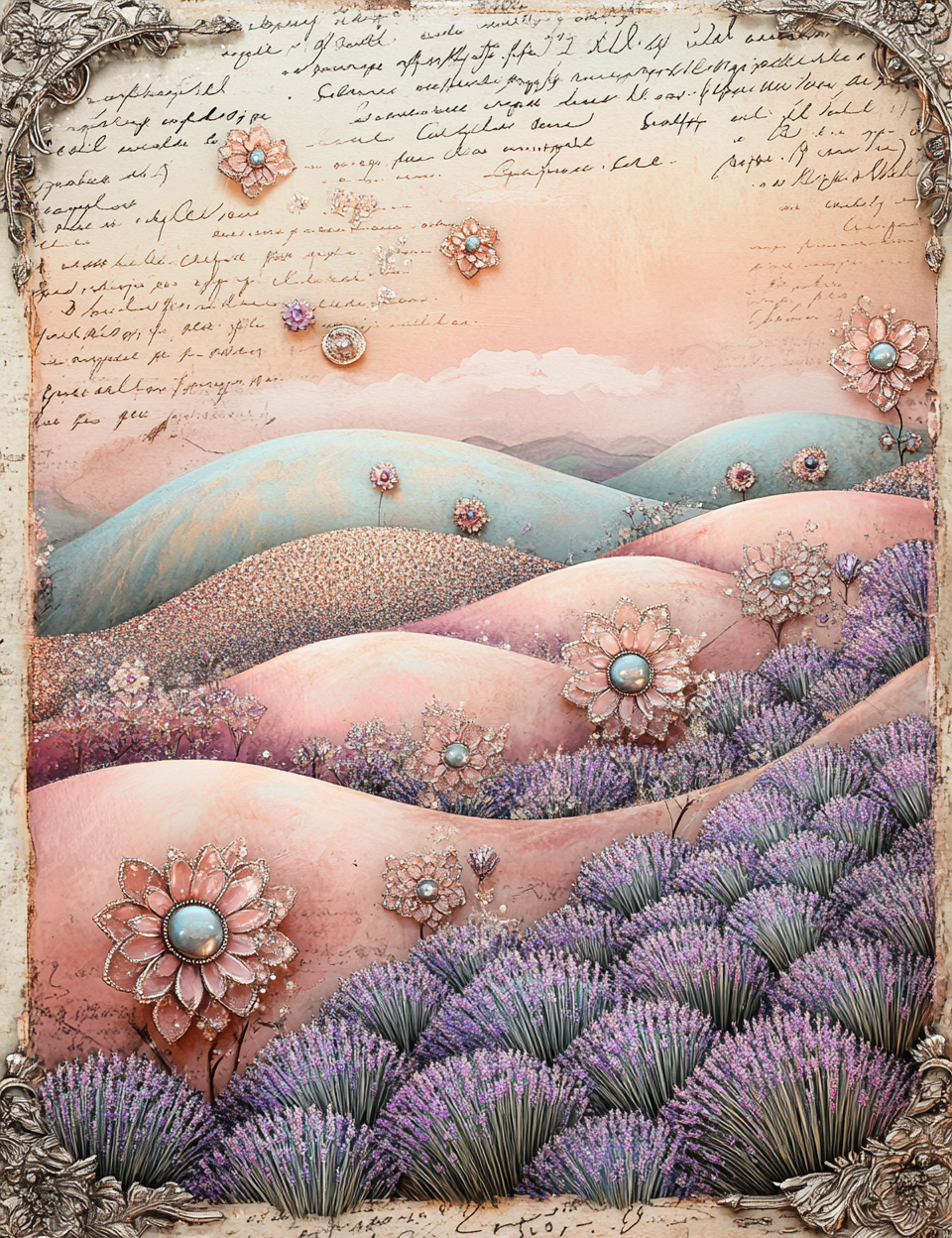 Decorative landscape with flowers and lavender, framed with ornate details and text.