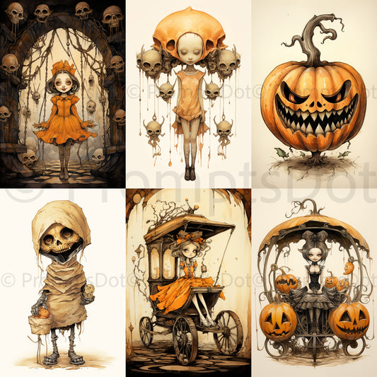 Midjourney Prompt Vintage Halloween Postcards Gothic Posters Commercial Use Collection of six cards orange vintage gothic postcards